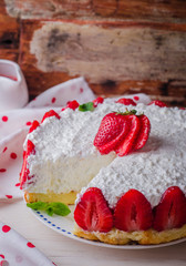 no baked Strawberry Cheesecake with cottage cheese on wooden background, selective focus.