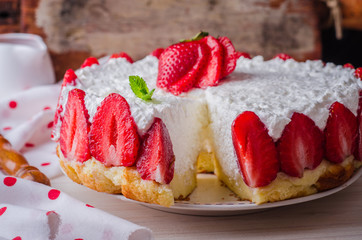 no baked Strawberry Cheesecake with cottage cheese on wooden background, selective focus.