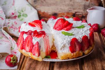 no baked Strawberry Cheesecake with cottage cheese on wooden background, selective focus.