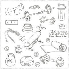 Set of Fitness bodybuilding diet and health care sketch icons