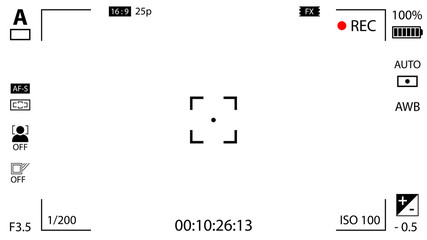Modern digital video camera focusing screen with settings. White viewfinder camera recording. Vector illustration