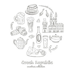 Hand drawn doodle Czech Republic travel set.  