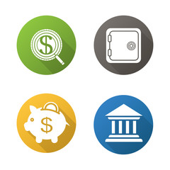 Banking and finance flat design long shadow icons set