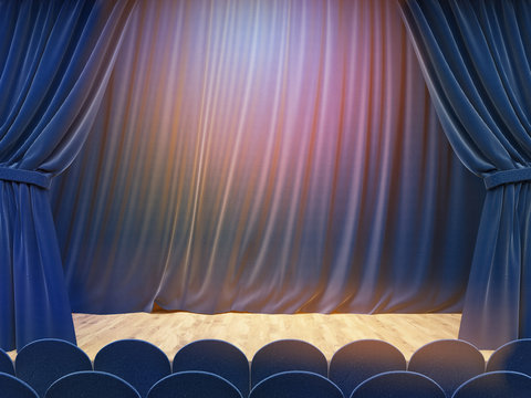 Stage with blue curtains