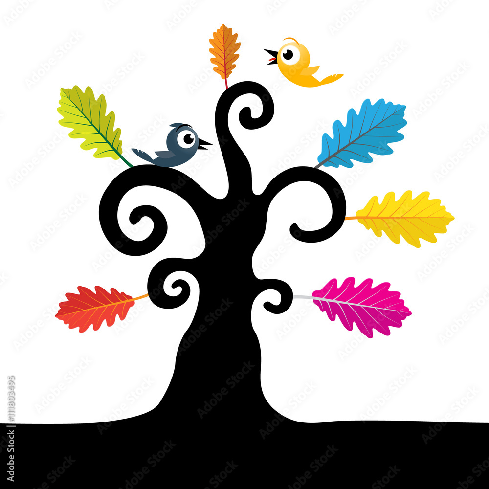 Poster abstract vector tree. tree with curled branches and colorful leaves. black tree illustration on whit