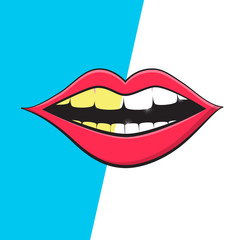 Mouth - Teeth Cleaning Symbol. Vector Retro Mouth Hygiene Illustration. White and Yellow Teeth on Mouth.