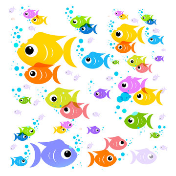 Fish Cartoon. Vector Colorful Fish. Flat Design Transparent Flock of Fish Isolated on White Background.