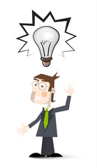 Man with Bulb Cartoon. Man in Suit with Big Bulb Idea Symbol Isolated on White Background.