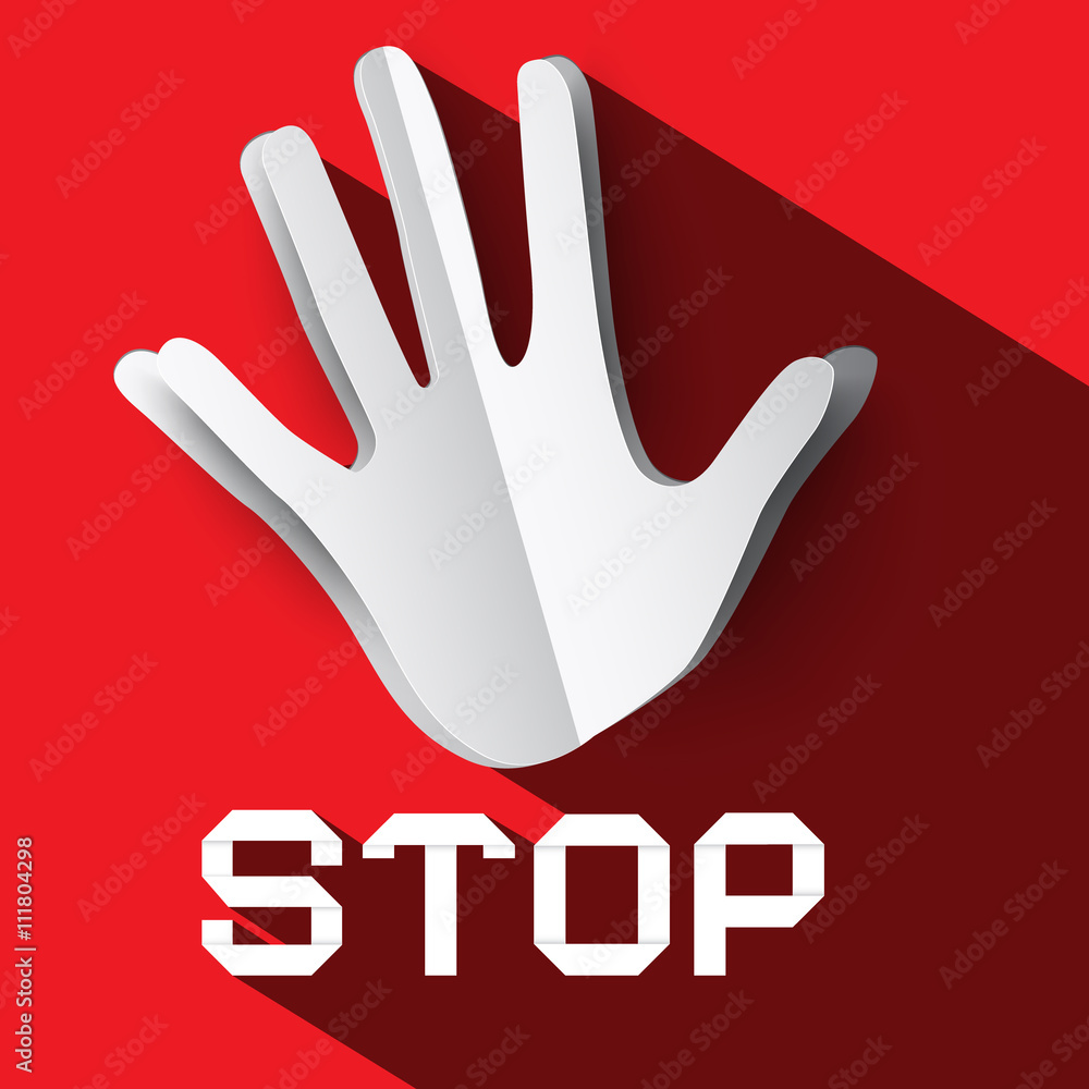 Poster Stop Sign. Palm Hand with Stop Title. Vector Stop Symbol with Paper Cut Hand. Long Shadow Flat Design Stop Icon on Red Background.