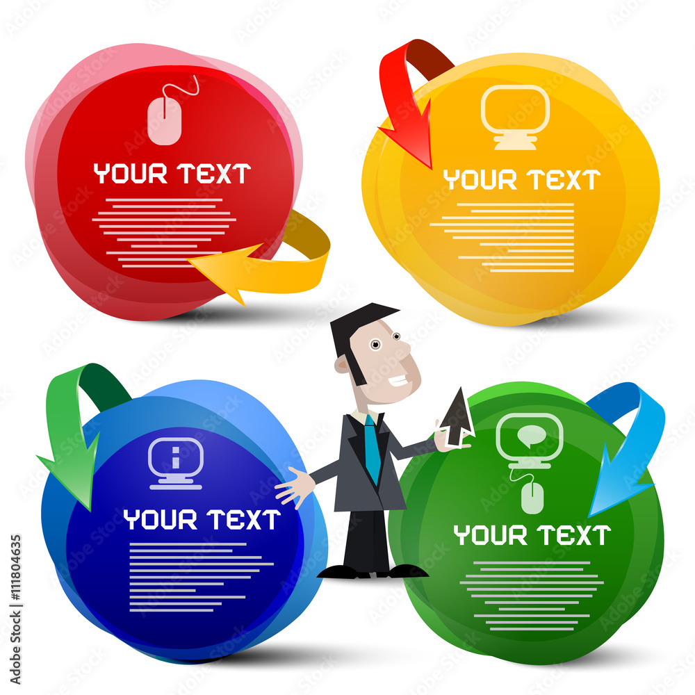 Poster infographic shapes with arrows and businessman. colorful vector red green blue orange circle objects