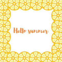 Citrus fruit slices background with text "Hello summer". 