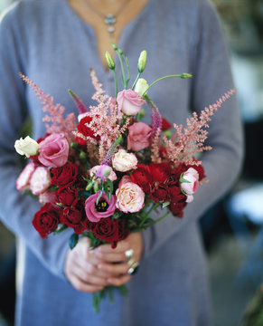 Bouquet of roses, astilbe, veronica longifolias and prairie gentian, Sweden.