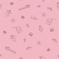 Seamless sample with a children's drawings on a pink background. Vector illustration. It can be used as a background for the websites, packing, fabrics