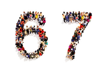 People forming the shape as a 3d number six (6) and seven (7) symbol on a white background. 3d rendering