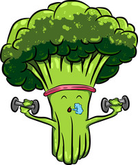 beautiful bright cartoon broccoli engaged in sports with dumbbells