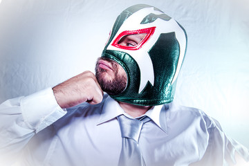 Office, angry businessman with Mexican wrestler mask, expression