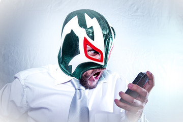 Job, angry businessman with Mexican wrestler mask, expressions o