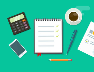 Work desk vector illustration on green color background, business office workplace table concept, flat modern desktop with devices, notebook to do list, organizer, paper work, planning