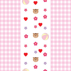 Seamless pattern with bears, flowers, hearts and balls, kid's style. Isolated teddy bears, pattern for cushion, pillow, bandanna, silk kerchief or shawl fabric print. Texture for clothes, bedclothes