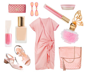 Salmon coral color set clothes and aceessories collage.