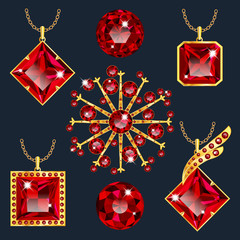 Set of realistic red jewels. Colorful red gemstones. Red rubies pendants isolated on green background. Princess cut jewel. Round cut jewel. Emerald cut jewel. Oval cut jewel. Pear jewel . Heart jewel.