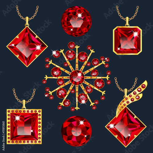 "Set of realistic red jewels. Colorful red gemstones. Red rubies