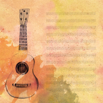 Vintage tiple guitar drawing on aged sheet music