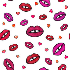 Beautiful sexy lips with white teeth on a white background. Female red lips drawing. Handwork. Seamless pattern for design