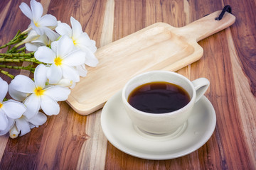  cups of Americano coffee on rustic wooden table background.