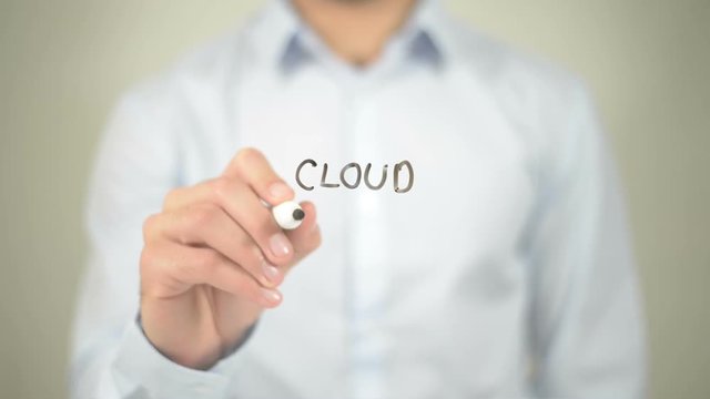 Cloud Server, man writing on transparent screen