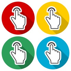 Touch icon, click, hand icons set with long shadow