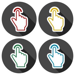 Touch icon, click, hand icons set with long shadow