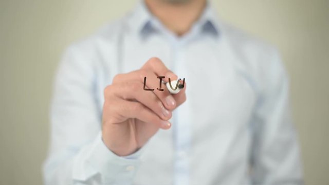 Live Support , man writing on transparent screen