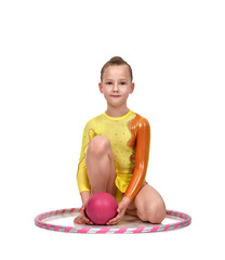 girl-gymnast with hula hoop and ball