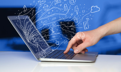 Man pressing notebook laptop computer with doodle icon cloud sym