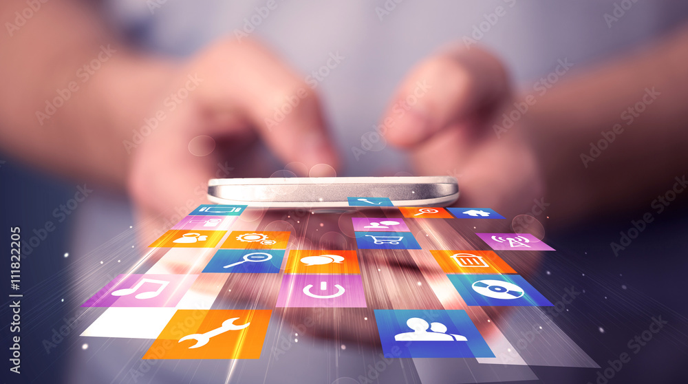 Poster man holding smart phone with colorful application icons