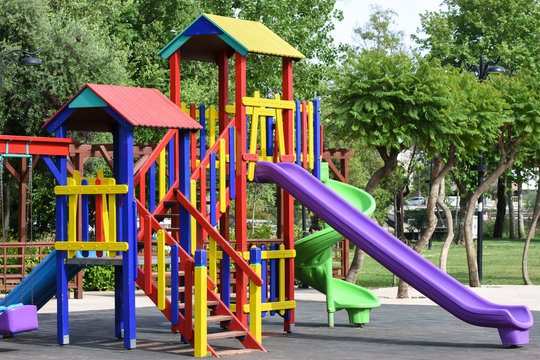 Playground in public park. Colorful playground for children. 