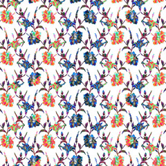 Seamless floral pattern with gingham checks. Exotic hibiscus flowers allover layout with blended effect chevron motif. tones Red and blue tones on white background.