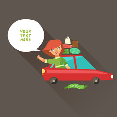 Stylish fashion woman traveling by car. Happy woman waving hand in red car with a lot of bags and bubble for text. Vector colorful illustration in flat design style