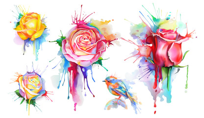 Watercolor roses, set of vector icons - obrazy, fototapety, plakaty