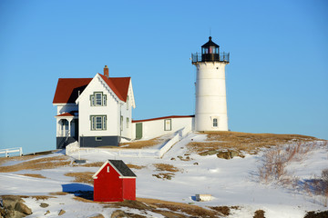 Cape Neddick Lighthouse (Nubble Lighthouse) at Old York Village in winter, Maine, USA © Wangkun Jia