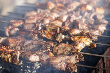 Cooking meat on the fire.