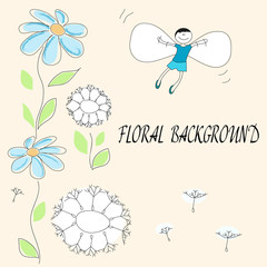 Vector drawing of flowers and flying baby