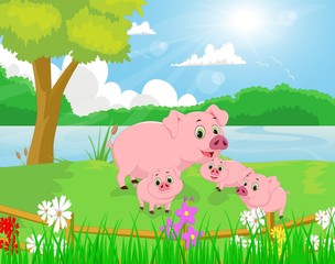 Cartoon pig family on the river bank © wisnu_Ds