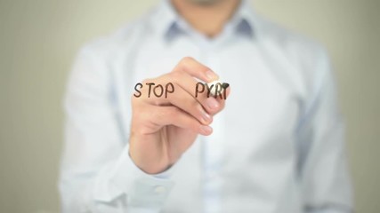 Stop Pyramid Scheme , man writing on transparent screen