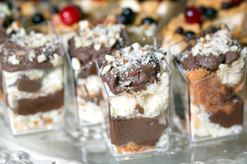 Sweet Dessert. Chocolate, nuts and berry pudding in small plasti