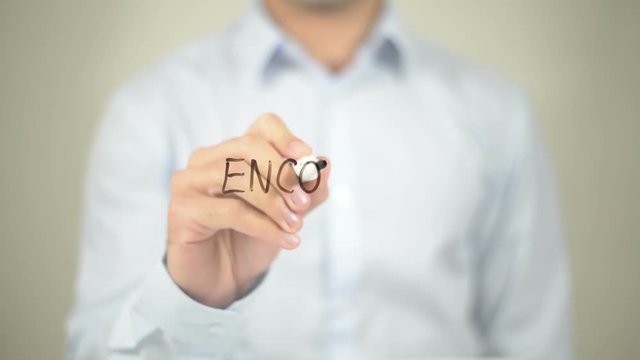 Encourage, man writing on transparent screen