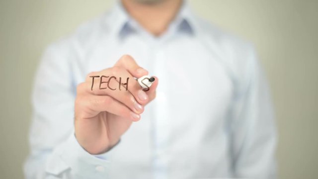 Domain, man writing on transparent screen