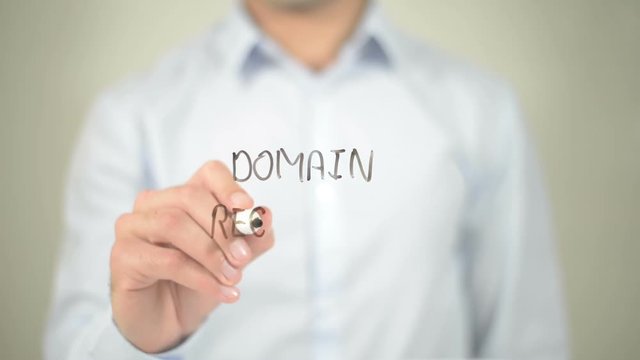 Domain Registration, man writing on transparent screen