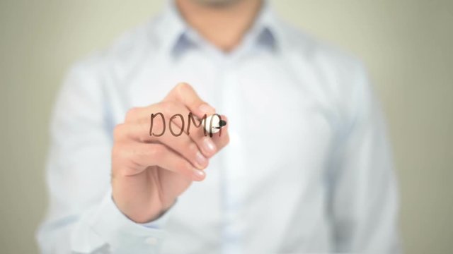Domain, man writing on transparent screen